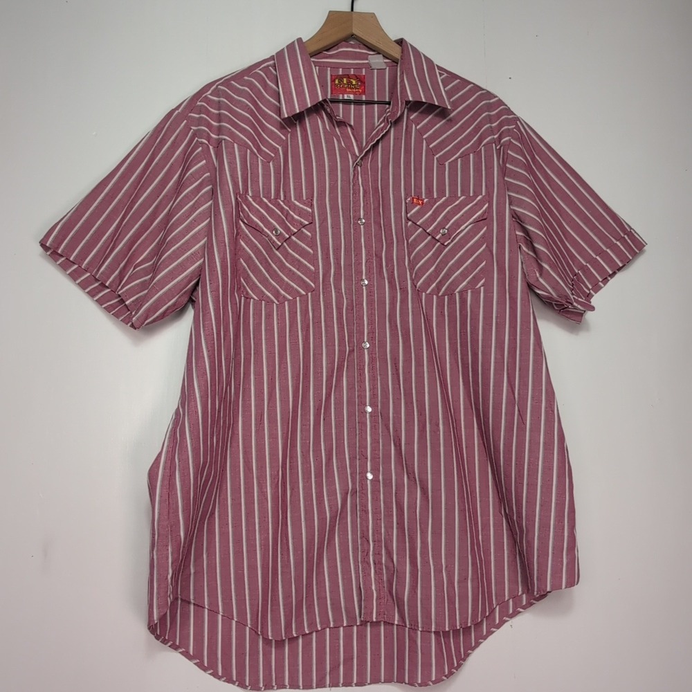 Ely Plains Vintage Mens XL Western Pearl Snap Shirt Short Sleeve Striped Casual